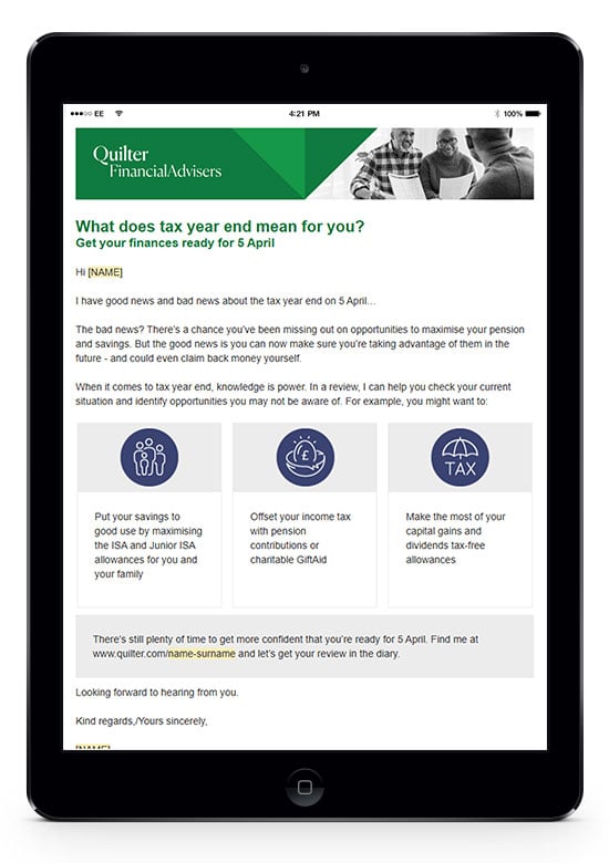 Image of the tax year end campaign client email invite